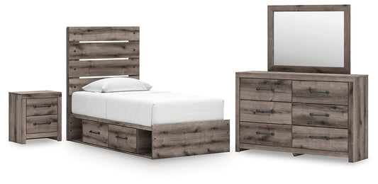 Graystorm Twin Panel Bed with Storage, Dresser, Mirror and Nightstand
