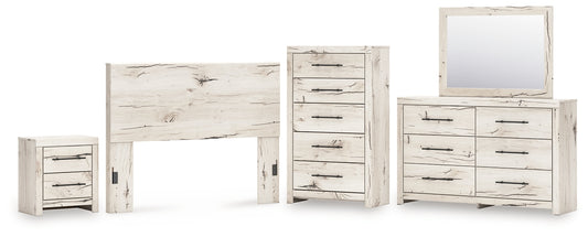 Lawroy Queen Panel Headboard with Mirrored Dresser, Chest and Nightstand