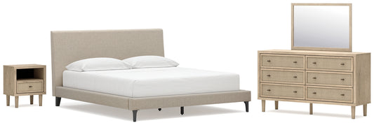 Cielden California King Upholstered Bed with Roll Slats, Dresser, Mirror and Nightstand