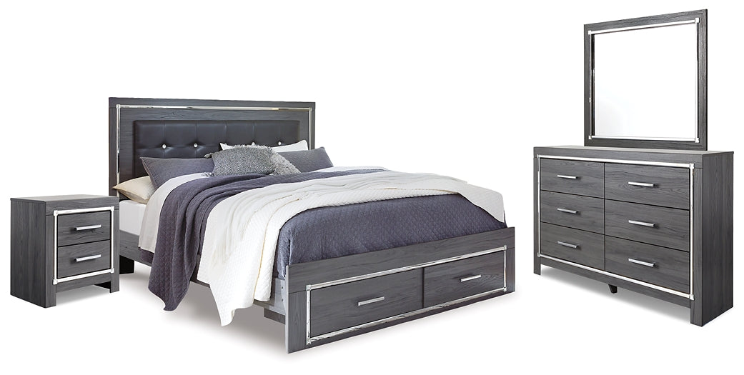 Lodanna King Panel Bed with 2 Storage Drawers, Dresser, Mirror and Nightstand