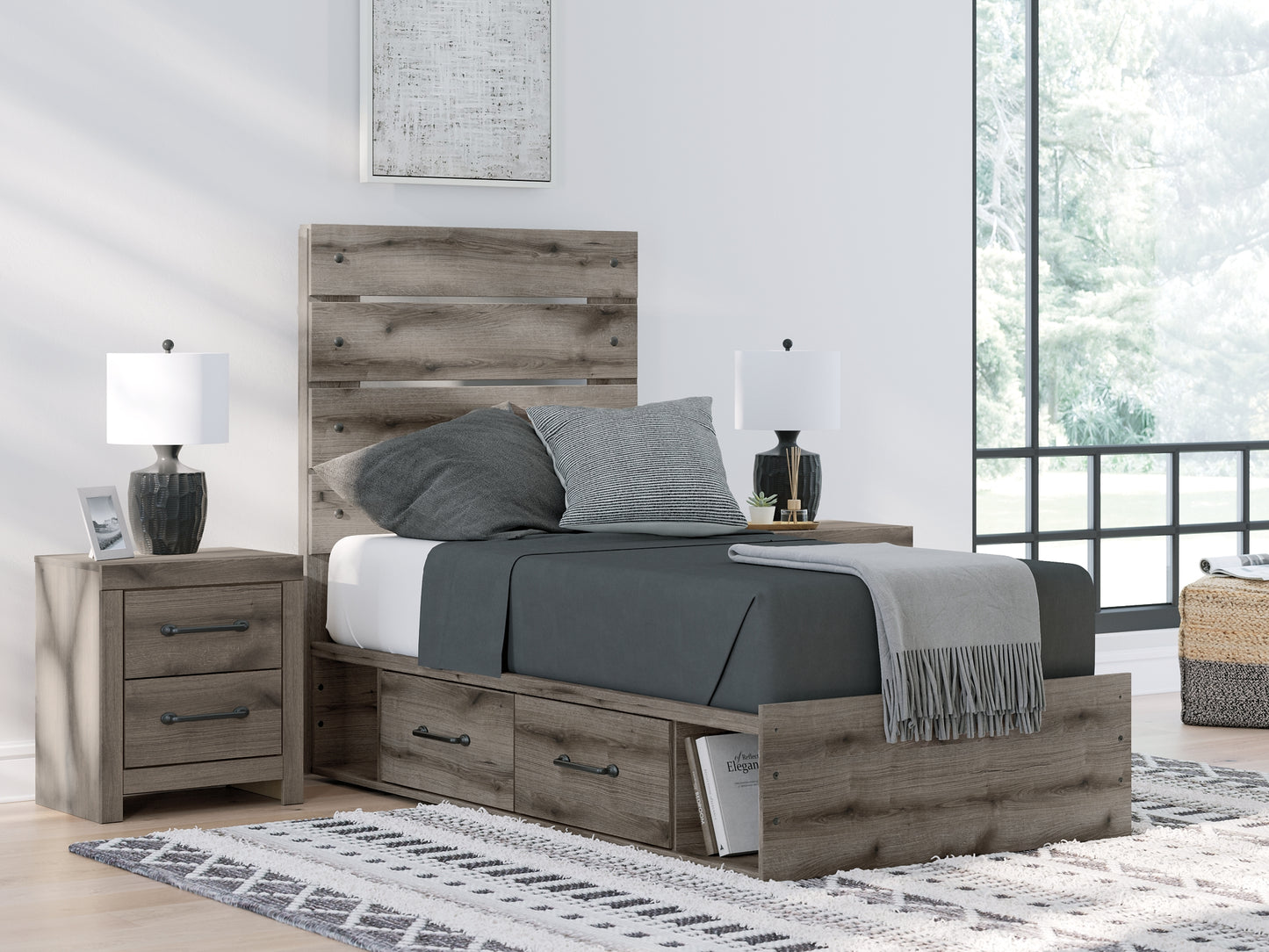 Graystorm Twin Panel Storage Bed, Dresser, Mirror and Nightstand