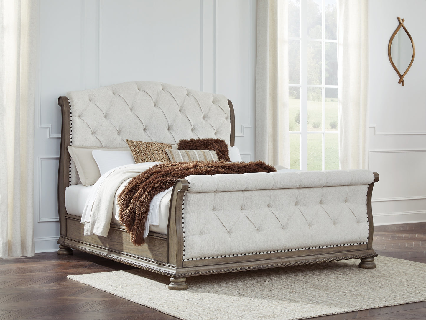 Ardenfield California King Upholstered Sleigh Bed, Dresser and Mirror