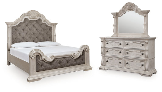 Bruchandi King Upholstered Panel Bed with Mirrored Dresser