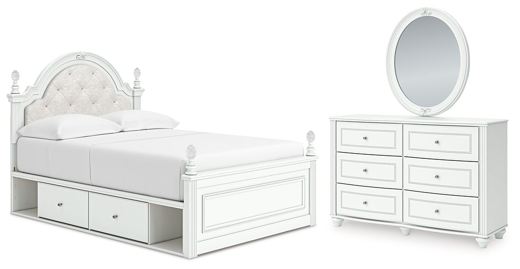 Kozlani Full Upholstered Panel Storage Bed, Dresser and Mirror