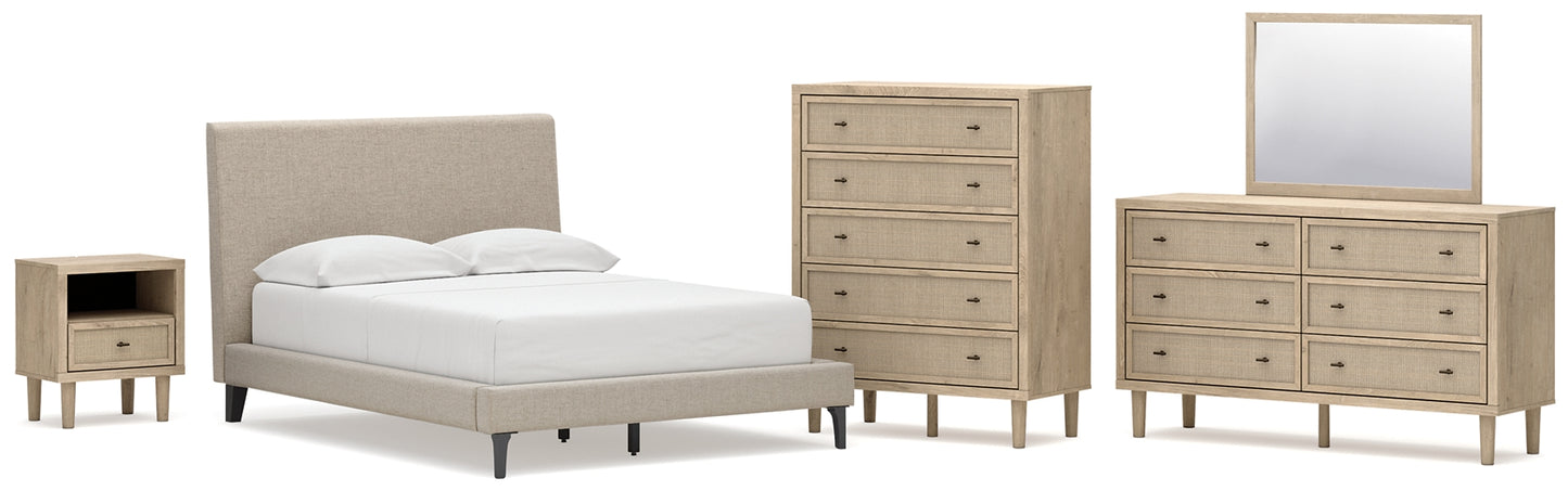 Cielden Full Upholstered Bed with Roll Slats, Dresser, Mirror, Chest and Nightstand