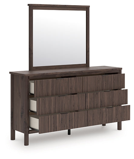 Pamytta Queen Upholstered Panel Bed, Dresser, Mirror and Nightstand