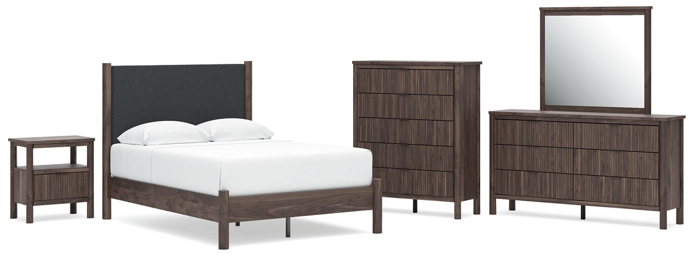 Pamytta Full Upholstered Panel Platform Bed, Dresser, Mirror, Chest and Nightstand