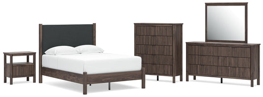 Pamytta Full Upholstered Panel Platform Bed, Dresser, Mirror, Chest and Nightstand