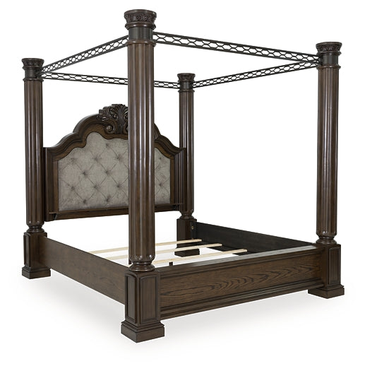 Maylee California King Canopy Bed, Dresser, Mirror, Chest and Nightstand