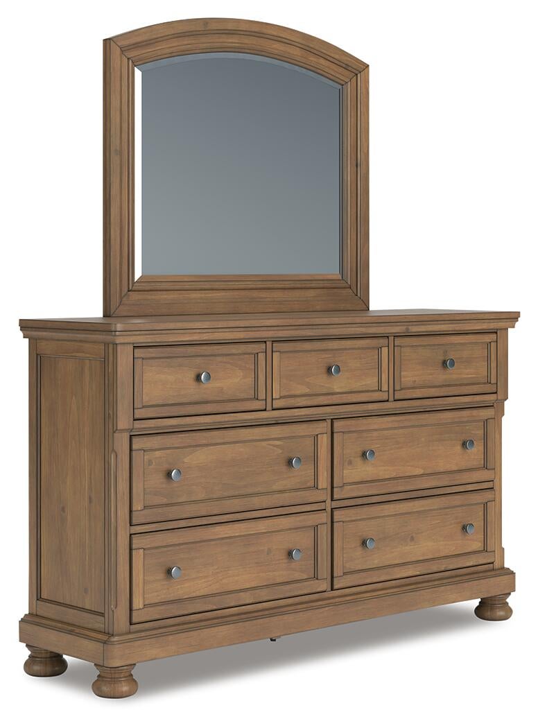 Feddinger California King Storage Sleigh Bed with Mirrored Dresser and Nightstand